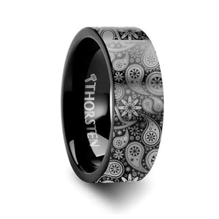 Paisley Pattern Black Tungsten Engraved Ring - 4mm - 12mm - Thorsten Rings