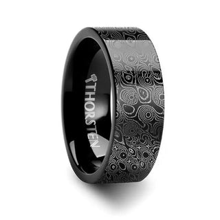 Circular Damascus Steel Engraved Pattern Black Tungsten Engraved Ring - 4mm - 12mm - Thorsten Rings