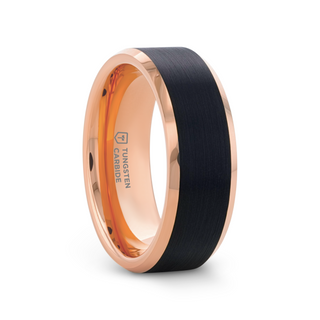 HAYDEN Rose Gold Plated Tungsten Polished Beveled Ring with Brushed Black Center - 6mm & 8mm