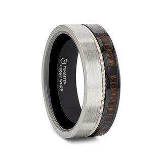 SLATE Tungsten & Black Ceramic Hybrid Ring with Steel Guitar String Ebony Wood and a Black Ceramic Interior - 8mm - Thorsten Rings