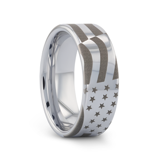 U.S. Flag Patriot Engraved Polished Flat Pipe Cut Tungsten Ring - 6mm - 12mm