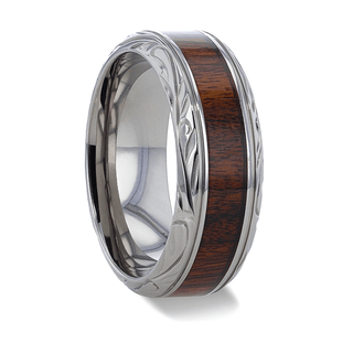 KRAFT Black Walnut Wood Inlay with Intricate Beveled Edges Titanium Polished Wedding Ring - 8mm - Thorsten Rings
