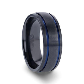 SHERIFF Domed Black Titanium Brushed Finish Men’s Wedding Ring with Blue Grooves – 8mm - Thorsten Rings