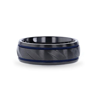 PATROL Black Titanium Carved Diagonal Pattern Brushed Finish Men’s Wedding Ring with Blue Milgrain Grooves – 8mm - Thorsten Rings