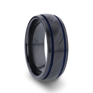 PATROL Black Titanium Carved Diagonal Pattern Brushed Finish Men’s Wedding Ring with Blue Milgrain Grooves – 8mm - Thorsten Rings