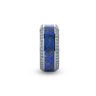 HYDRA Lapis Lazuli Inlaid Titanium Wedding Ring Polished Beveled Edges Set with Round Blue Diamonds - 10mm - Thorsten Rings