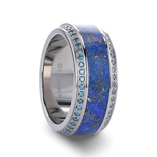 HYDRA Lapis Lazuli Inlaid Titanium Wedding Ring Polished Beveled Edges Set with Round Blue Diamonds - 10mm - Thorsten Rings