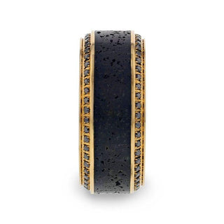 HYPERION Lava Inlaid 10K Yellow Gold Wedding Ring Polished Beveled Edges Set with Round Black Diamonds - 10mm - Thorsten Rings