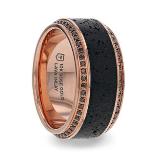 HYPERIA Lava Inlaid 10K Rose Gold Men's Wedding Band With Black Diamonds Around Polished Edges - 10mm - Thorsten Rings