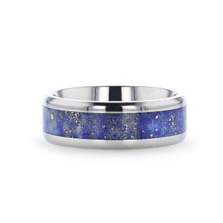 MALONE Men's Titanium Wedding Ring with Blue Lapis Inlay & Beveled Edges - 8mm - Thorsten Rings