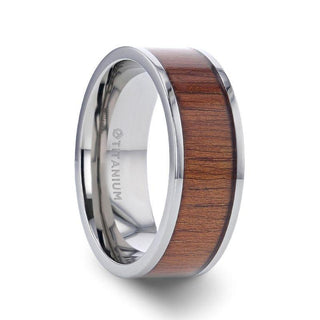 HONUA Flat Titanium Wedding Band with Rare Koa Wood Inlay and Polished Edges - 8mm - Thorsten Rings