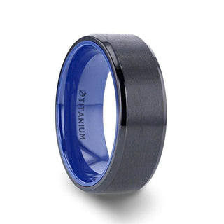 CASTOR Beveled Edges Black Titanium Ring with Brushed Center and Vibrant Blue Inside - 8mm - Thorsten Rings