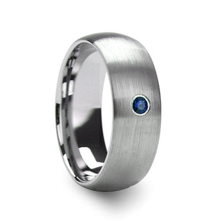 MELANTHIOS Men’s Domed Brushed Tungsten Wedding Ring with Blue Diamond Center - 6mm & 8mm - Thorsten Rings