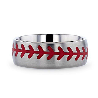 DIMAGGIO Titanium Brushed Finish Ring with Red Baseball Stitching Pattern - 8mm - Thorsten Rings