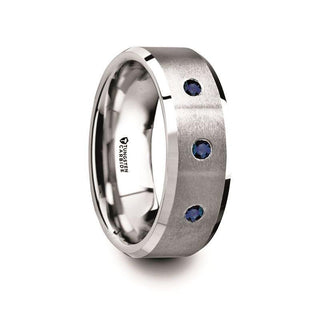 NAUTILUS Tungsten Satin Finished Center Polished Beveled Edges Men’s Wedding Band with 3 Blue Sapphires - 8mm - Thorsten Rings