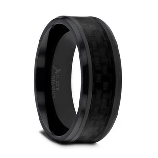 OXYN Black Titanium Polished Beveled Edges Black Carbon Fiber Inlaid Men’s Wedding Band - 6mm & 8mm - Thorsten Rings