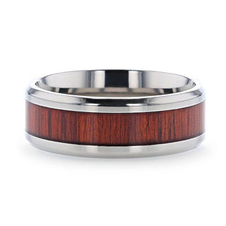 NORRO Titanium Polished Beveled Edges Padauk Wood Inlaid Men’s Wedding Band - 6mm & 8mm - Thorsten Rings