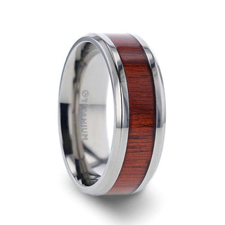 NORRO Titanium Polished Beveled Edges Padauk Wood Inlaid Men’s Wedding Band - 6mm & 8mm - Thorsten Rings