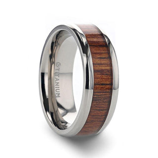 KOAN Titanium Polished Finish Koa Wood Inlaid Men’s Wedding Ring with Beveled Edges - 6mm & 8mm - Thorsten Rings