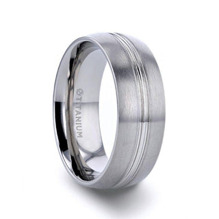 UPTON Titanium Brushed Finish Men’s Wedding Ring with Polished Grooved Center - 8mm - Thorsten Rings