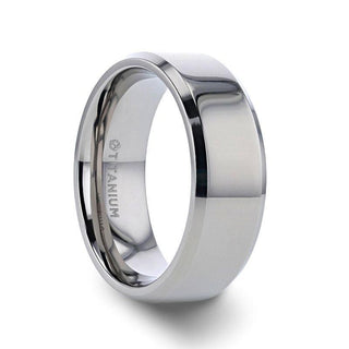 CORONAL Men’s Polished Finish Beveled Edges Titanium Wedding Ring with Raised Center - 6mm & 8mm - Thorsten Rings