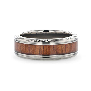 OHANA Koa Wood Inlaid Titanium Men’s Wedding Ring with Intricate Edges - 6mm - 10mm - Thorsten Rings