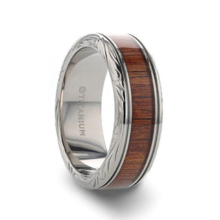 OHANA Koa Wood Inlaid Titanium Men’s Wedding Ring with Intricate Edges - 6mm - 10mm - Thorsten Rings