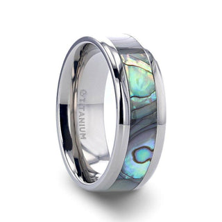 KAUI Titanium Polished Finish Mother Of Pearl Inlaid Men’s Beveled Wedding Band - 6mm & 8mm - Thorsten Rings