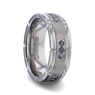 COURAGEOUS Brushed Center Titanium Men's Wedding Band With Double Grooved Polished Edges And Black Diamond Settings - 8mm - Thorsten Rings