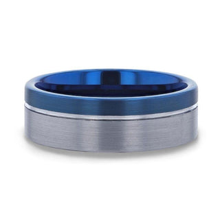 ATLANTIC Duo Color Brushed Center Tungsten Carbide Men's Wedding Band With Blue Ion Plating Inside the Band - 8mm - Thorsten Rings