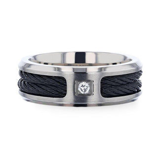 SECTOR Black Rope Cables Inlaid Brushed Finish Titanium Men's Wedding Ring with Diamond Centered And Beveled Polished Edges - 8mm - Thorsten Rings