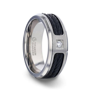 SECTOR Black Rope Cables Inlaid Brushed Finish Titanium Men's Wedding Ring with Diamond Centered And Beveled Polished Edges - 8mm - Thorsten Rings