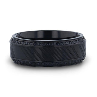 TROPHY Black Damascus Steel Inlaid Polished Black Titanium Men's Wedding Band With Black Sapphire Beveled Edges - 8mm - Thorsten Rings