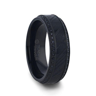 TROPHY Black Damascus Steel Inlaid Polished Black Titanium Men's Wedding Band With Black Sapphire Beveled Edges - 8mm - Thorsten Rings