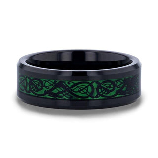 ALLURE Black Dragon Design With Green Background Inlaid Black Tungsten Men's Ring With Clear Coating And Beveled Edge - 8mm - Thorsten Rings