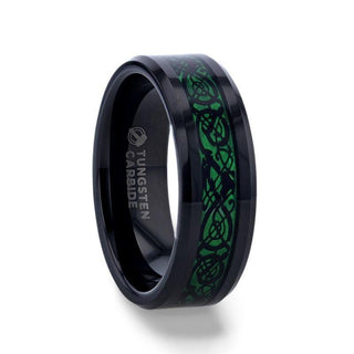 ALLURE Black Dragon Design With Green Background Inlaid Black Tungsten Men's Ring With Clear Coating And Beveled Edge - 8mm - Thorsten Rings