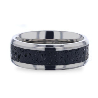 MAUNA Black And Gray Lava Inlaid Titanium Men's Wedding Band With Polished Beveled Edges - 8mm - Thorsten Rings