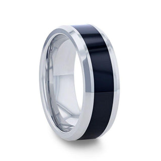 HAWK Polished Black Ceramic Inlaid Tungsten Men's Wedding Band with Bevels by Thorsten - 8mm - Thorsten Rings