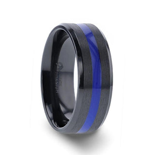 JACKSEN Black Titanium Men's Wedding Band Beveled Black Titanium With Blue Stripe Inlaid Brushed Finish Center And Polished Beveled Edges - 8mm - Thorsten Rings