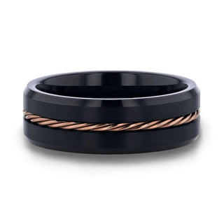 ADELARD Rose Gold Braided Brushed Center Black Tungsten Men's Wedding Band With Polished Beveled Edges - 8mm - Thorsten Rings