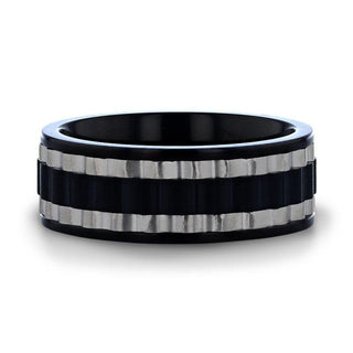 GEAR Two Toned Wavy Centered Brushed Black Titanium Men's Wedding Band With Flat Polished Edges - 8mm - Thorsten Rings