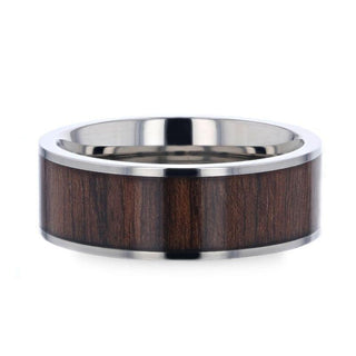 LOGAN Flat Polished Black Walnut Wood Inlaid Titanium Men's Wedding Band With Flat Polished Edges - 8mm - Thorsten Rings