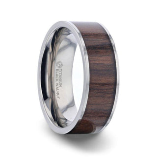 LOGAN Flat Polished Black Walnut Wood Inlaid Titanium Men's Wedding Band With Flat Polished Edges - 8mm - Thorsten Rings