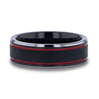 OLIS Wire Finish Centered Black Tungsten Men's Wedding Band With Double Red Stripe Polished Beveled Edges - 8mm - Thorsten Rings