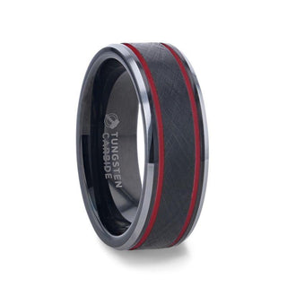 OLIS Wire Finish Centered Black Tungsten Men's Wedding Band With Double Red Stripe Polished Beveled Edges - 8mm - Thorsten Rings