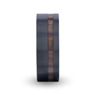 DARING Off-Set Koa Wood Inlaid Black Titanium Men's Wedding Band With Flat Brushed Finish - 8mm - Thorsten Rings