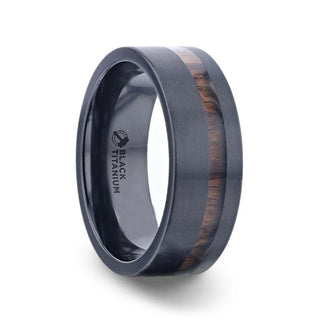 DARING Off-Set Koa Wood Inlaid Black Titanium Men's Wedding Band With Flat Brushed Finish - 8mm - Thorsten Rings