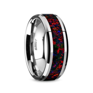 HALLEY Tungsten Carbide Black Opal Inlay Men’s Wedding Band with Beveled Edges - 8mm - Thorsten Rings