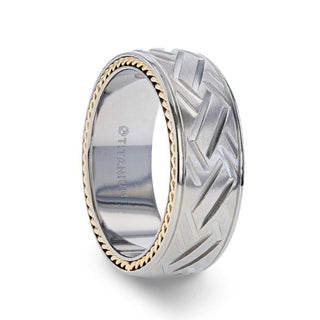 SATURN Woven Pattern Domed Titanium Men's Wedding Ring With Yellow Gold Braided Edges - 8mm - Thorsten Rings