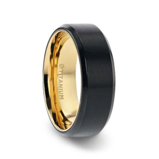 VELVET Flat Brushed Black Titanium Men's Wedding Ring With Yellow Gold Plating Interior And Beveled Polished Edges - 8mm - Thorsten Rings